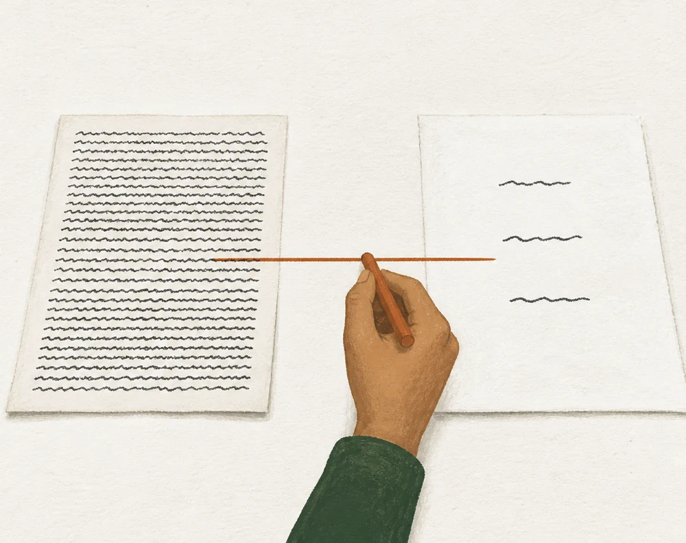 A dense page of legal text being redrawn as a few plain lines