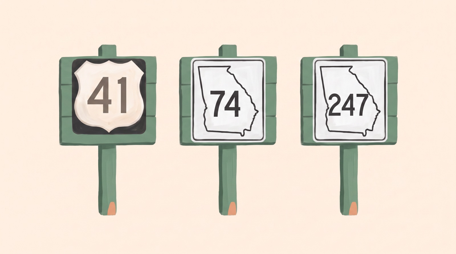 Route markers for US 41, Georgia 74, and Georgia 247 — a U.S. Route shield and two Georgia state-outline signs